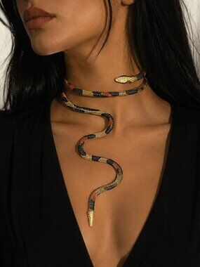 ✨ Convertible Snake Wrap Necklace/Bracelet Gold Black Statement Jewelry